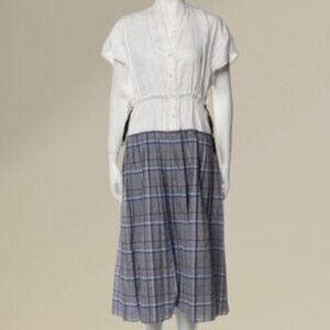 TELA Blue and White Plaid Skirt Dress with Drawstring Waist Size Large
